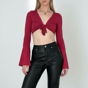 Sky & Sparrow Red Long Bell Sleeve Tie Front Cropped Blouse